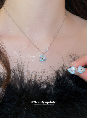 小清新蓝色锆石爱心耳钉项链日常