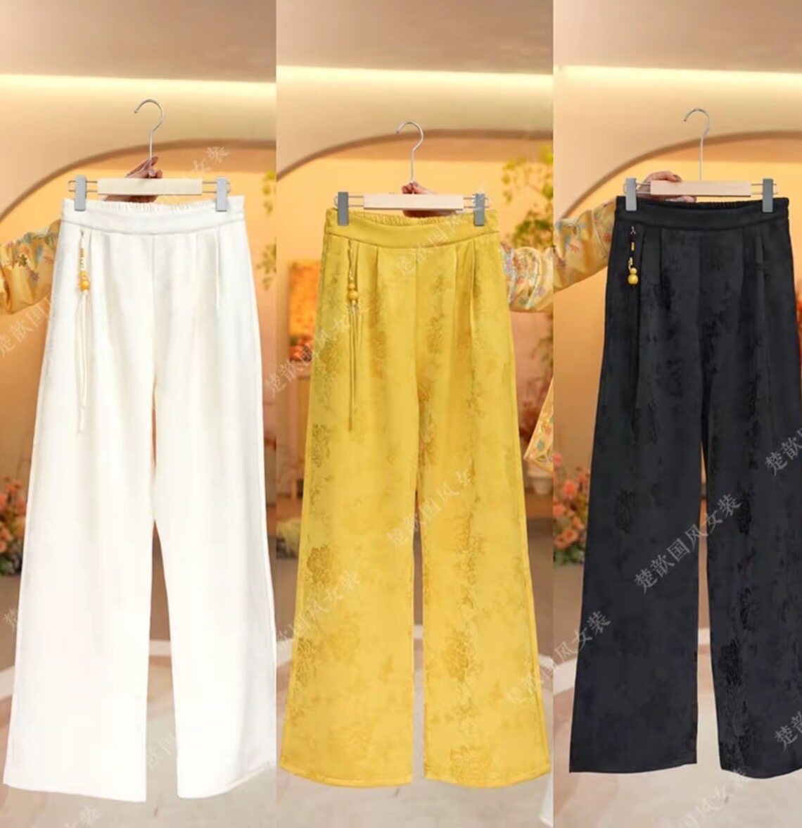 新中式国风秋冬新款阔腿裤时尚百搭显瘦加绒加厚提花窄版休闲裤女