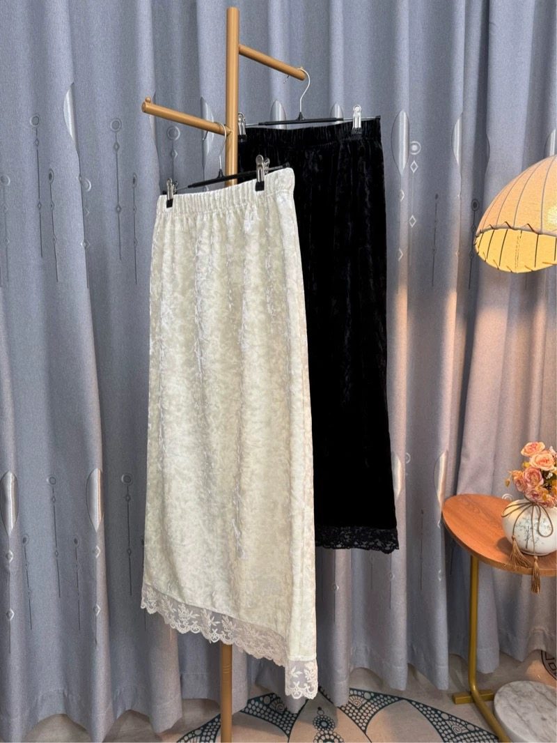 新中式国风半身裙女高腰显瘦蕾丝拼接a字裙中长款裙砖石丝绒百搭,女装/女士精品,半身裙,淘宝优惠券,粉丝福利购,淘宝优惠卷