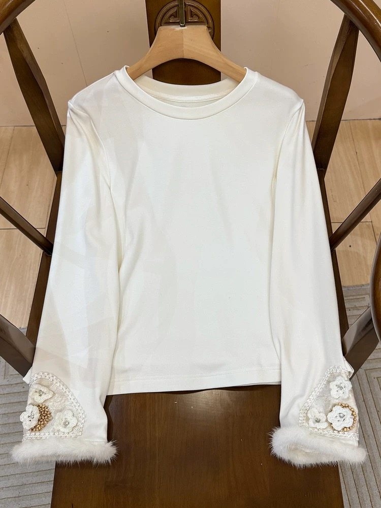 新中式国风拼接水貂毛打底衫软糯保暖加绒上衣女内搭减龄小衫女冬