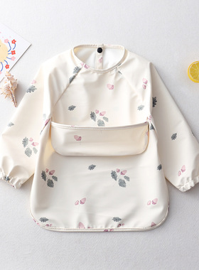 ins丹麦儿童长袖全身防水反穿衣宝宝吃饭罩衣婴儿防脏PU饭兜围兜