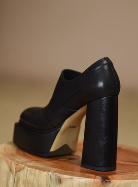 misili~12.3cm 方头粗跟深口单鞋2026夏季新款高跟鞋厚底真皮女鞋