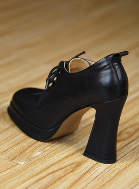 misili 欧美风黑色粗跟深口单鞋女系带防水台高跟鞋通勤百搭