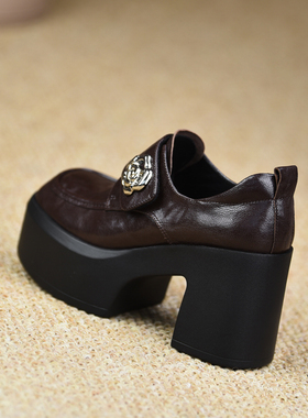 misili 乐福鞋粗跟单鞋9cm高跟鞋2026春季新款魔术贴厚底真皮女鞋