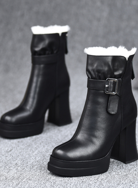 misili保暖粗跟短靴10cm高跟鞋2026秋冬季新款加绒厚底真皮女靴子