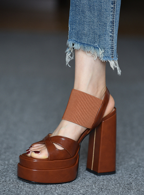 misili时尚一脚蹬粗跟凉鞋2026夏季新款高跟鞋防水台厚底弹力女鞋