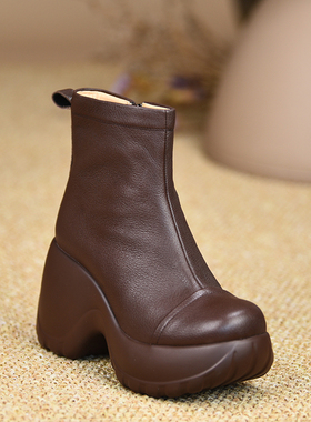 misili~10cm 小个子坡跟短靴2026秋冬季新款高跟鞋厚底真皮女靴子