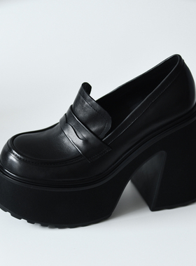 misili~11.5cm 乐福鞋粗跟单鞋2026秋季新款高跟鞋一脚蹬厚底女鞋