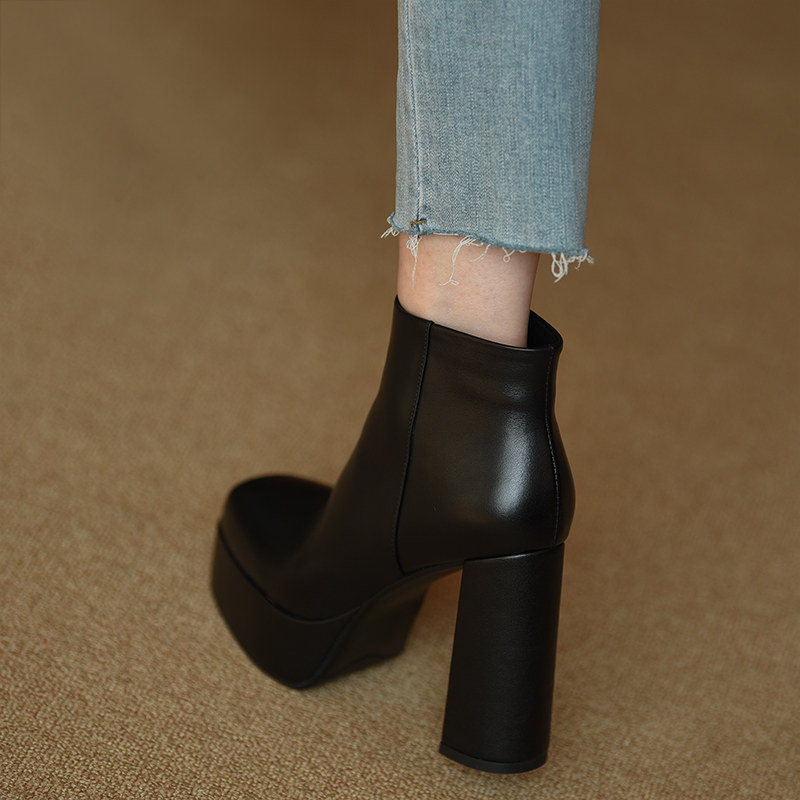 misili 真皮短靴女2024秋冬季新款超高跟防水台单靴子厚底马丁靴,女鞋,时装靴,淘宝优惠券,粉丝福利购,淘宝优惠卷