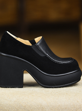 misili乐福鞋粗跟单鞋10cm拼接高跟鞋2026春季新款小个子厚底女鞋