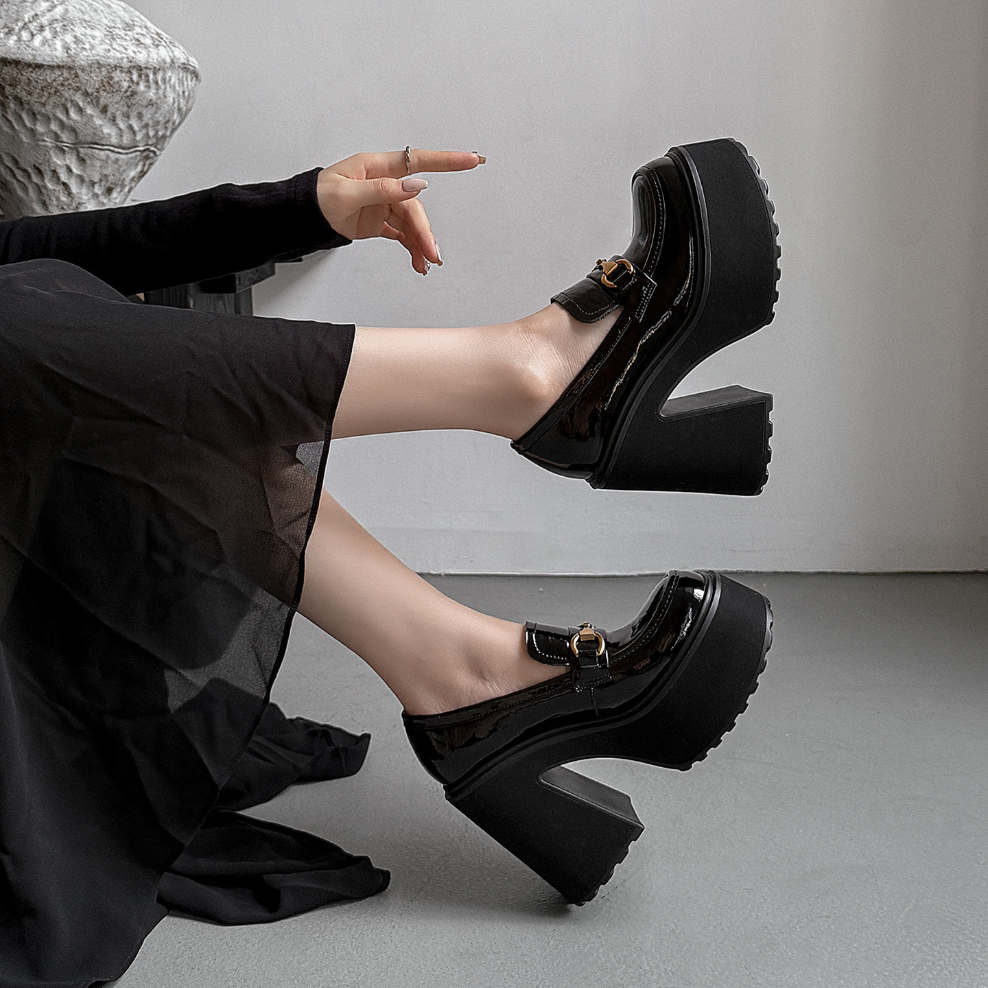 misili~11.5cm 英伦风粗跟单鞋2025秋季新款高跟鞋一脚蹬厚底女鞋,女鞋,深口单鞋,淘宝优惠券,粉丝福利购,淘宝优惠卷