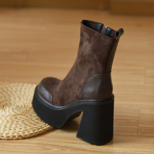 新款 misili 12cm 弹力瘦瘦靴粗跟短靴2026秋冬季 厚底女靴子 高跟鞋