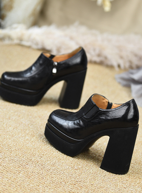 misili时尚方头粗跟单鞋11.5cm高跟鞋2026春季新款防水台厚底女鞋