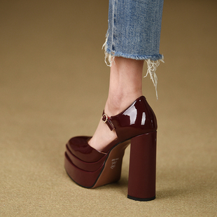 12.2cm漆皮高跟鞋 misili尖头粗跟凉鞋 夏季 新款 防水台厚底百搭女鞋