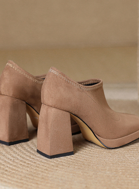 misili~9cm粗跟弹力单鞋2026秋季新款防水台高跟鞋一脚蹬厚底女鞋