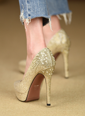 misili尖头性感细跟单鞋女春季新款12cm高跟鞋防水台厚底时尚女鞋