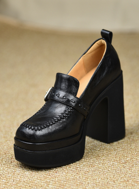 misili乐福鞋粗跟单鞋11.5cm高跟鞋2026春秋季新款小个子厚底女鞋