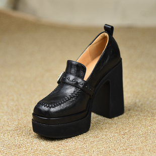 misili 黑色厚底乐福鞋女真皮粗跟高跟单鞋小个子百搭一脚蹬