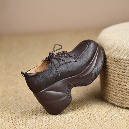 misili真皮系带厚底坡跟女单鞋