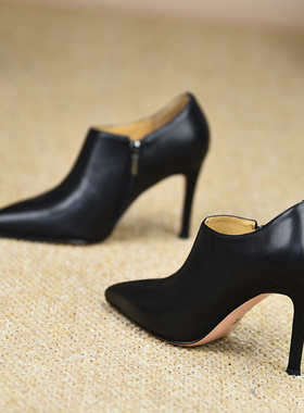 misili尖头细跟浅口单鞋2026春夏季新款高跟鞋侧拉链平底真皮女鞋