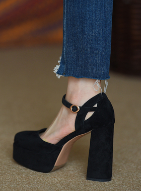 misili真皮包头高跟鞋防水台粗跟凉鞋女春夏季新款中空一字带女鞋