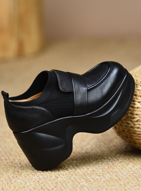 misili 防水台坡跟单鞋9cm拼接高跟鞋2026春秋季新款厚底真皮女鞋