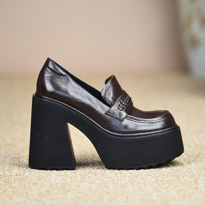 misili乐福鞋粗跟单鞋12cm小个子高跟鞋2026春季新款厚底真皮女鞋,女鞋,深口单鞋,淘宝优惠券,粉丝福利购,淘宝优惠卷