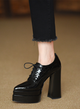 misili 12.5cm漆皮粗跟单鞋女2026春季新款高跟鞋系带防水台女鞋