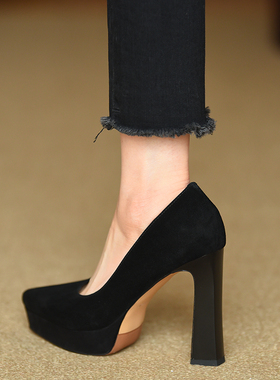 misili粗跟单鞋2026春季新款10.5cm高跟鞋防水台尖头浅口真皮女鞋