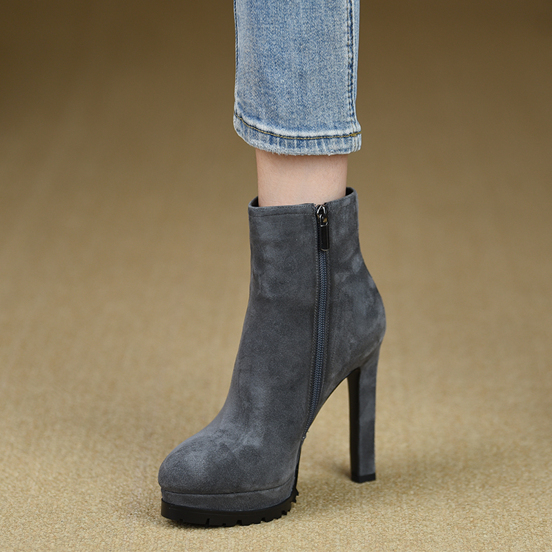 misili时装靴粗跟防水台真皮短靴