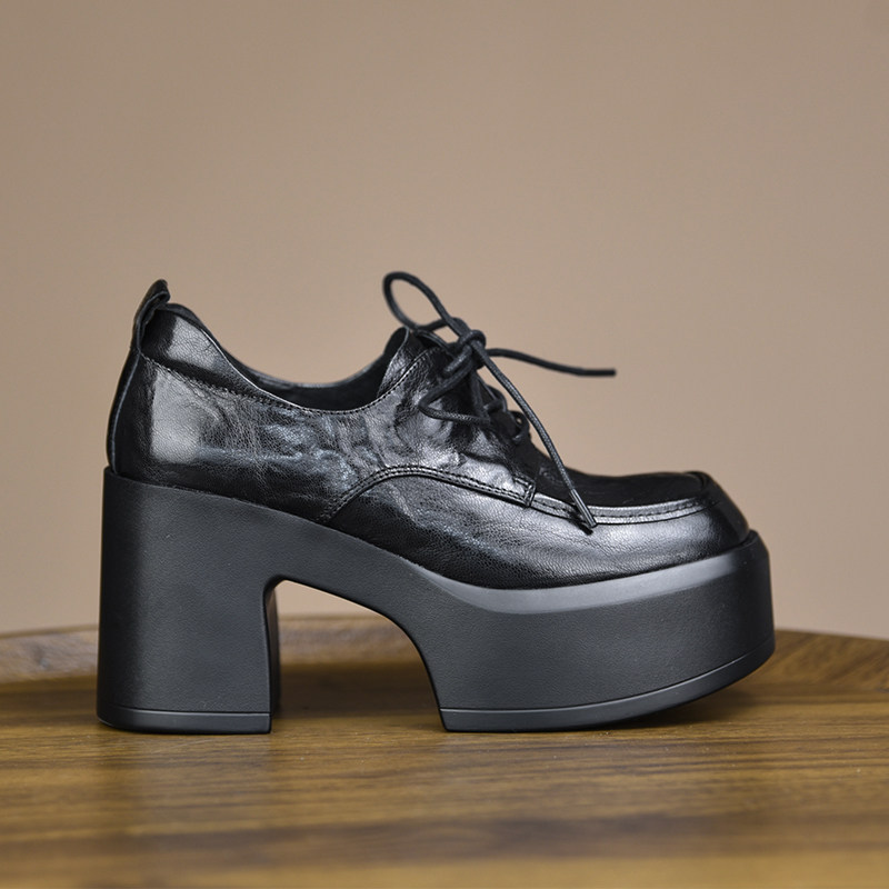 misili 复古粗跟深口单鞋女高跟系带厚底防水台真皮女鞋,女鞋,深口单鞋,淘宝优惠券,粉丝福利购,淘宝优惠卷