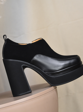 misili方头粗跟单鞋11.7cm拼接高跟鞋2026春季新款小个子厚底女鞋