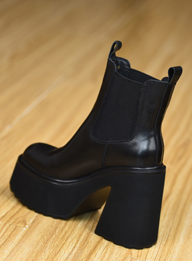 misili~12cm 马丁粗跟短靴2026秋冬新款高跟鞋黑色厚底真皮女靴子