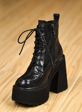 misili~12cm 系带马丁靴粗跟短靴2026秋冬季新款高跟鞋厚底女靴子