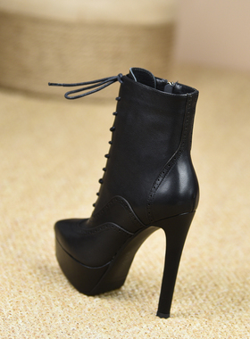 misili尖头细跟短靴13cm系带高跟鞋2026秋冬季新款加绒厚底女靴子