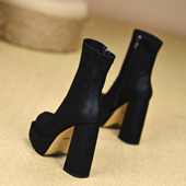 misili 厚底女靴子 高跟鞋 12.5cm 弹力靴粗跟马丁短靴2025秋冬新款