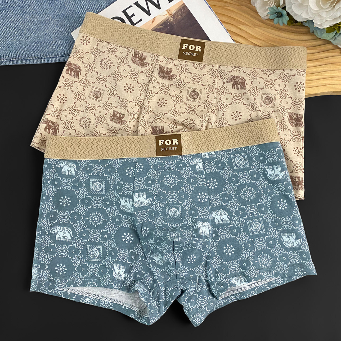 男士内裤纯棉透气复古风民族风平角裤头潮流印花四角裤男生短裤衩