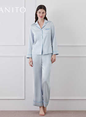【EHouse】MANITO Macaron桑蚕丝真丝撞色睡衣套装秋冬长袖长裤