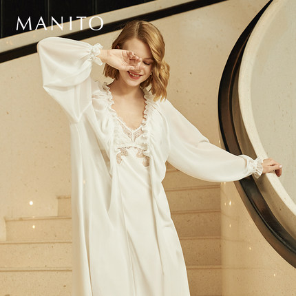 MANITO/曼尼陀Wedding桑蚕丝木耳边睡袍甜美纱质长睡袍家居服新品