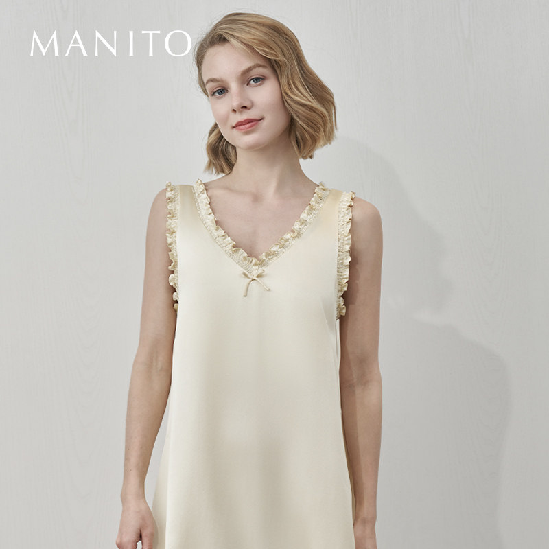 MANITO/曼尼陀Duchess桑蚕丝连衣裙木耳边V领背心裙优雅真丝睡裙