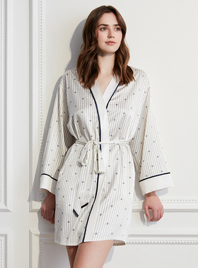 【EHouse】MANITO Voyage 真丝短睡袍 海军风条纹家居服 休闲风