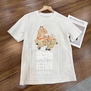 老钱风ED 2026春款雪花棉马年限定五花马图腾印花短袖T恤舒适女装