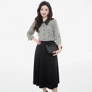 3.16春 专柜折扣女装 HH0U0041牛仔外套 中长裙两件套装
