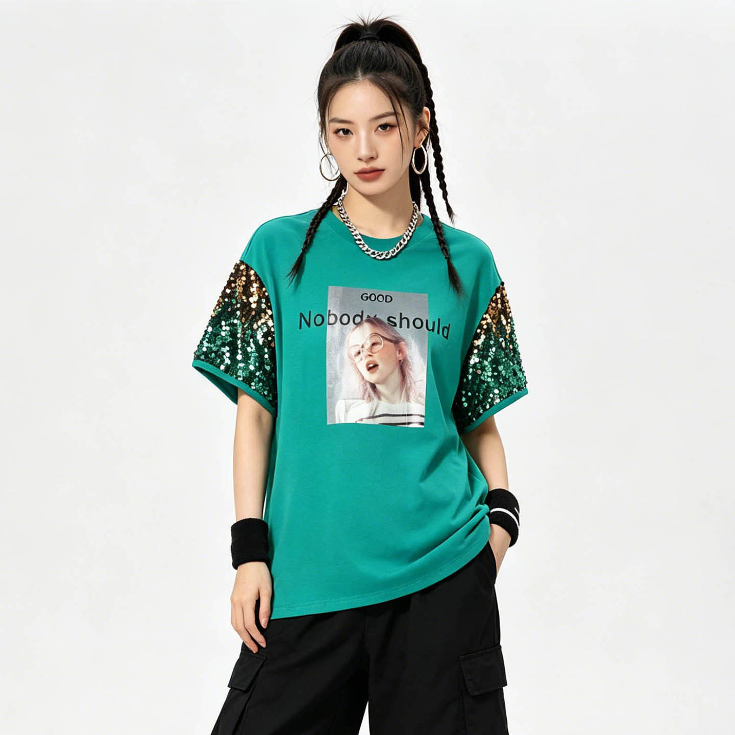 GO0C0001前卫时髦亮片装饰印花上衣短袖T恤女5.17夏