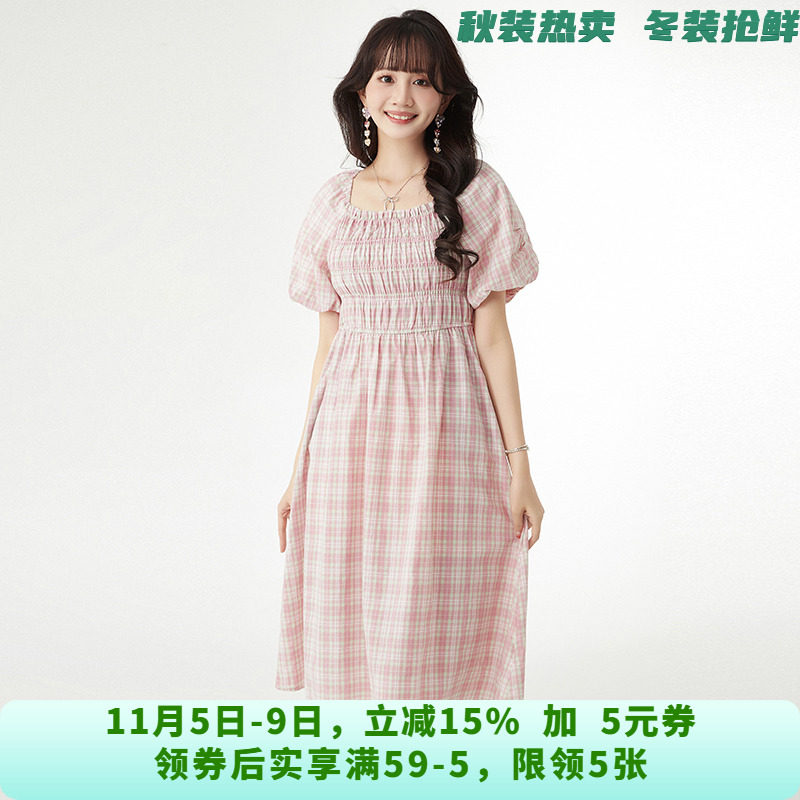 HC0A0017棉质格纹中长裙松紧腰裙子连衣裙女6.13夏
