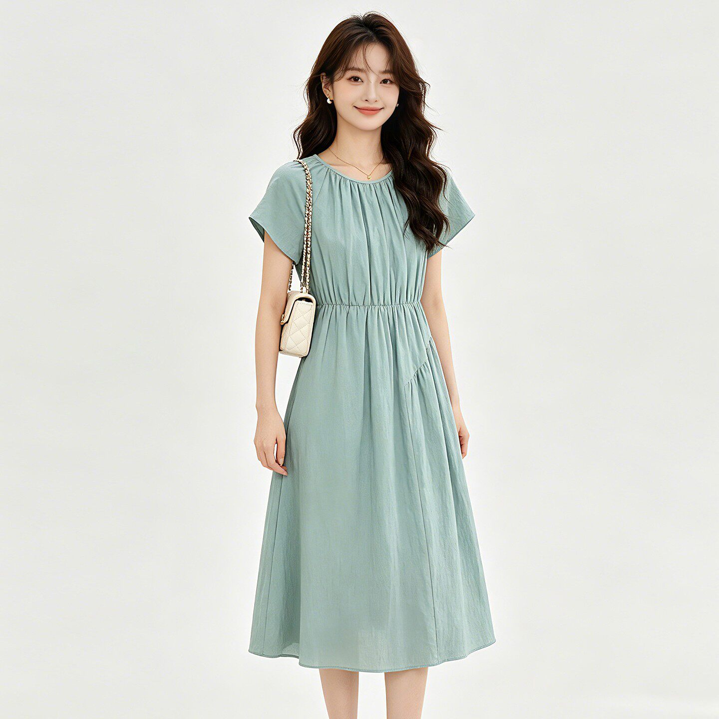 HJ0A0051简约风气质纯棉松紧腰裙子连衣裙女7.7夏