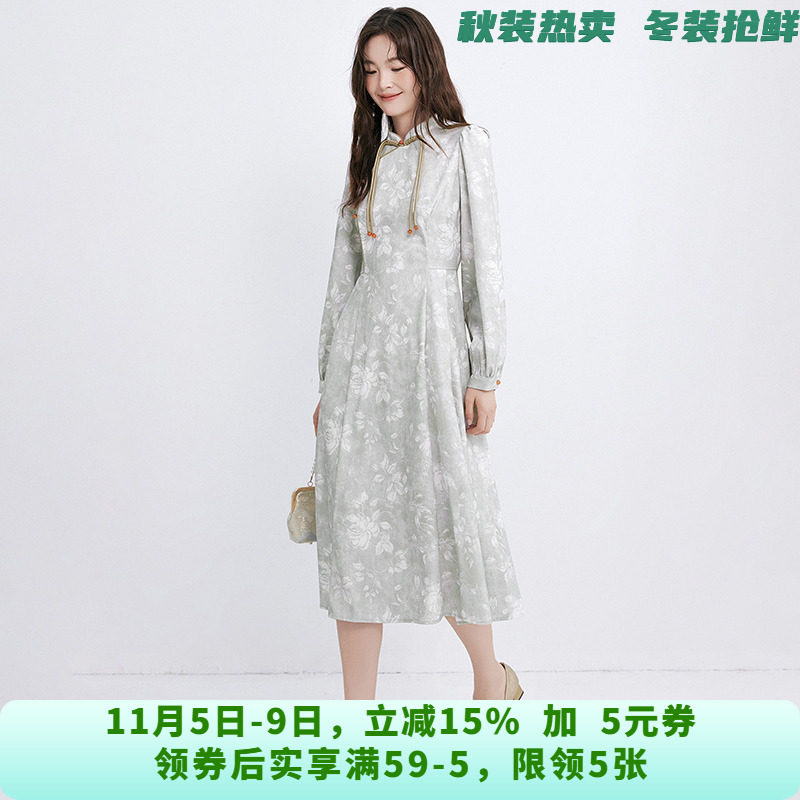 RU0A0043素雅印花中长裙国风立领裙子连衣裙女10.2秋