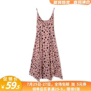 品牌折扣店商场撤柜温柔气质印花高腰V领连衣裙夏 AN清仓精品女装