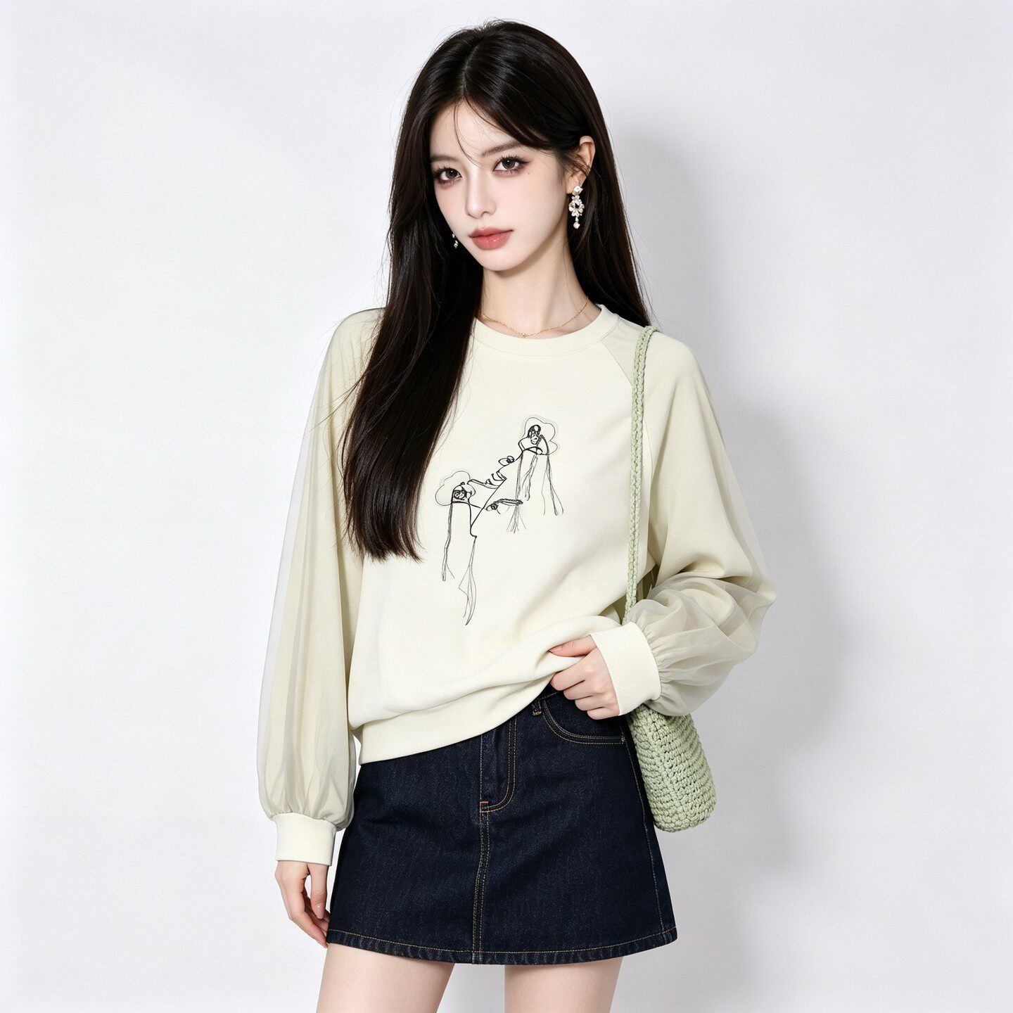 NQ0L0006纱布拼接百搭纯棉休闲上衣卫衣女8.15秋