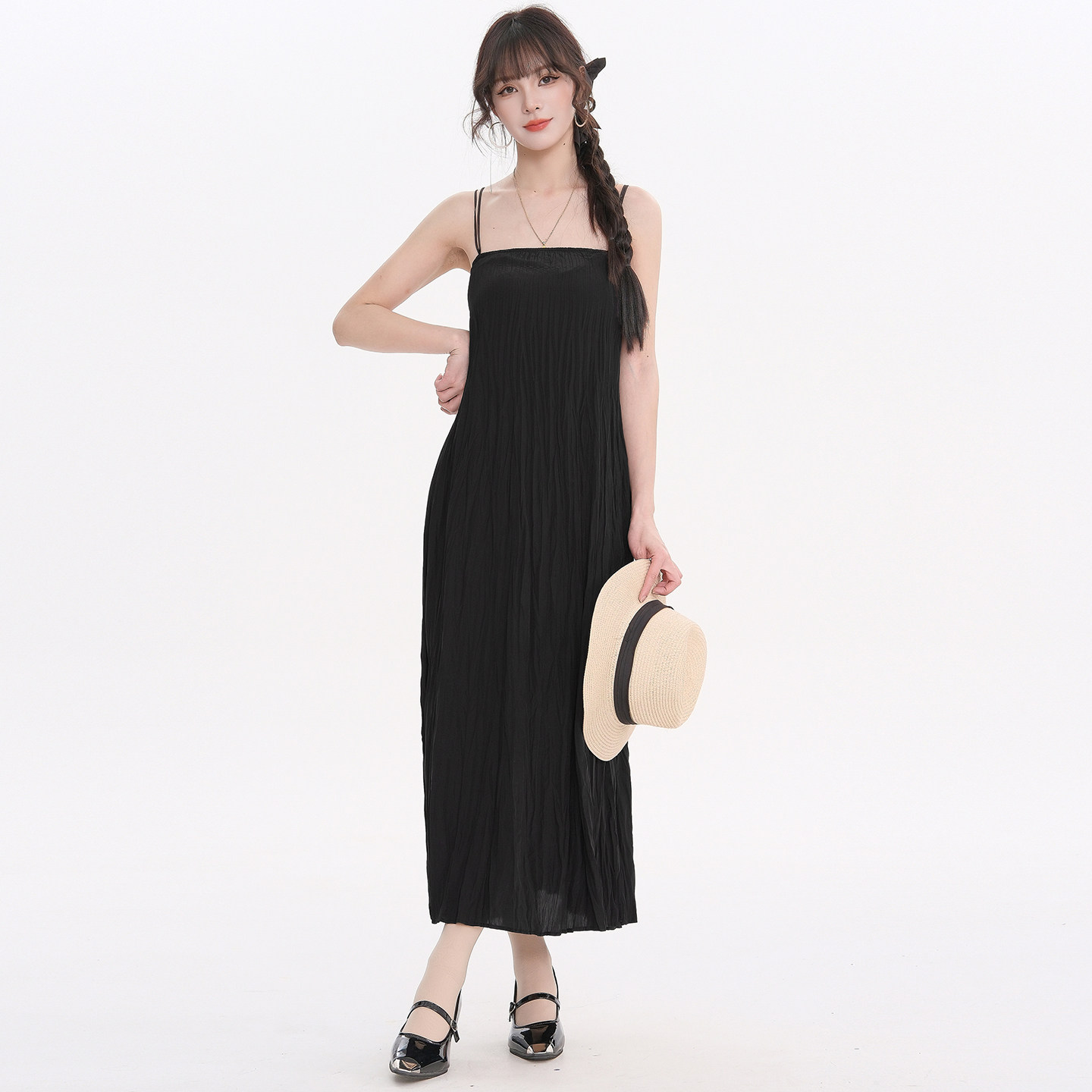 高端QR0A0001气质感套头中长裙子吊带连衣裙女6.14夏